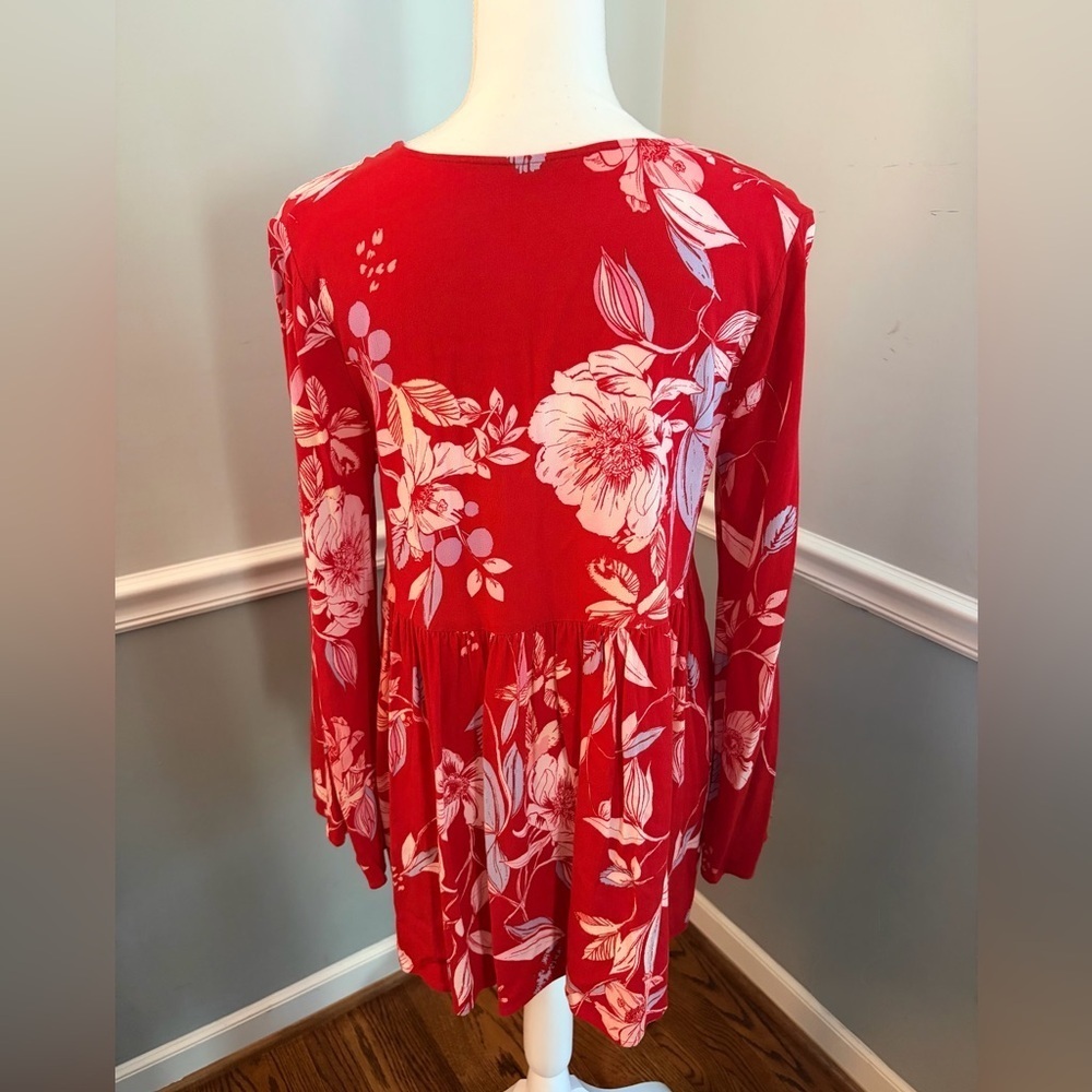 Free People Bella Floral Tunic Top Red White Long Sleeve V-Neck Boho Size S - Picture 4 of 8